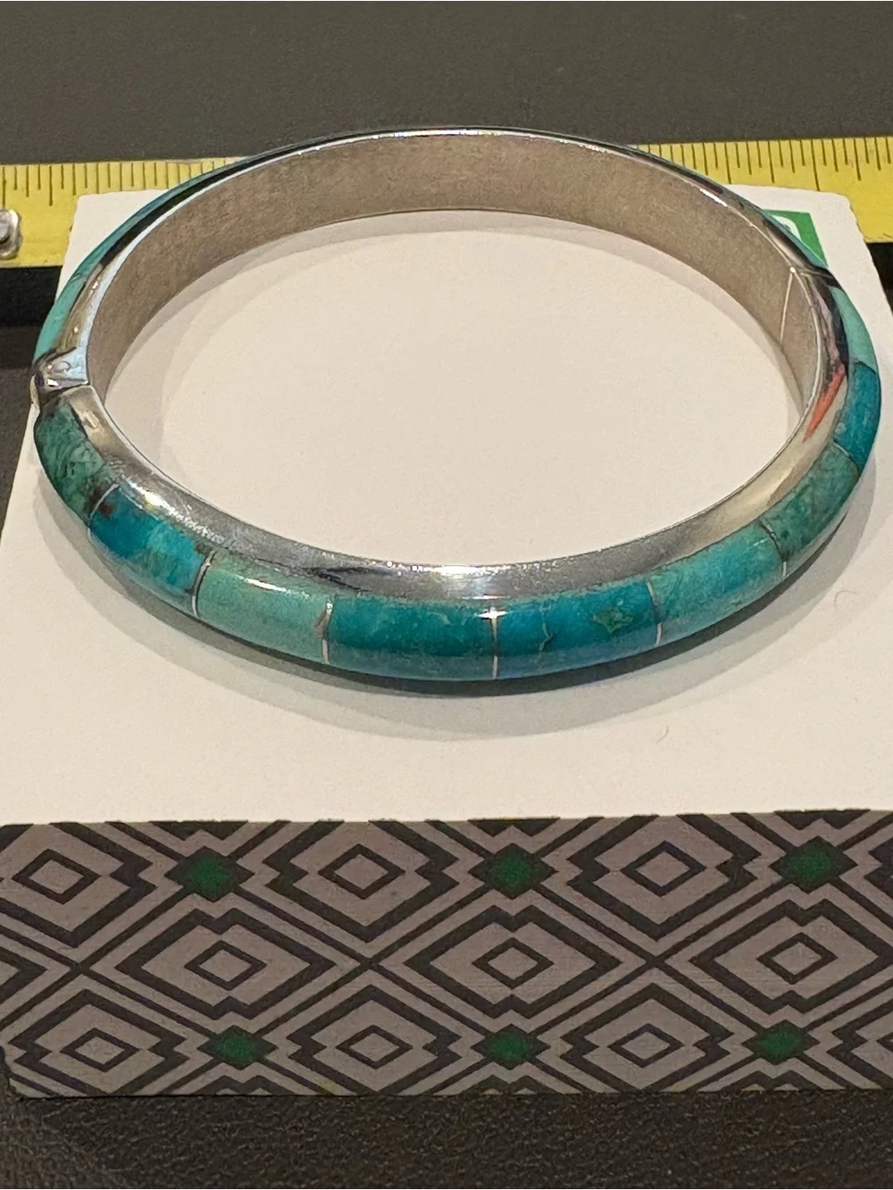 Turquoise Inlay Silver Hinged Bangle Bracelet - Blue Green